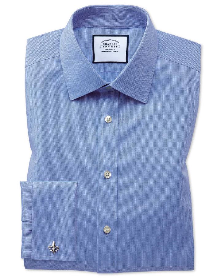  Slim Fit Non-iron Royal Panama Blue Cotton Dress Shirt Single Cuff Size 15/34 By Charles Tyrwhitt