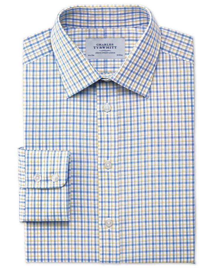 Charles Tyrwhitt Slim Fit Egyptian Cotton Jermyn St Check Blue And Yellow Dress Casual Shirt Single Cuff Size 17/35 By Charles Tyrwhitt