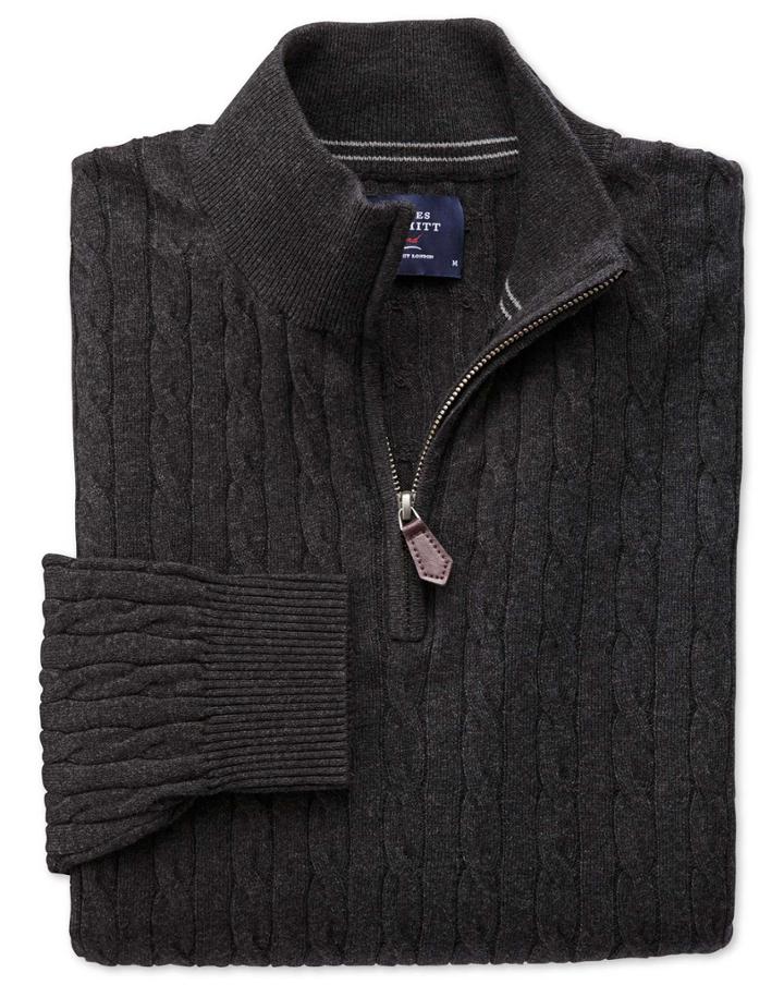 Charles Tyrwhitt Charcoal Cotton Cashmere Cable Zip Neck Cotton/cashmere Sweater Size Xxl By Charles Tyrwhitt