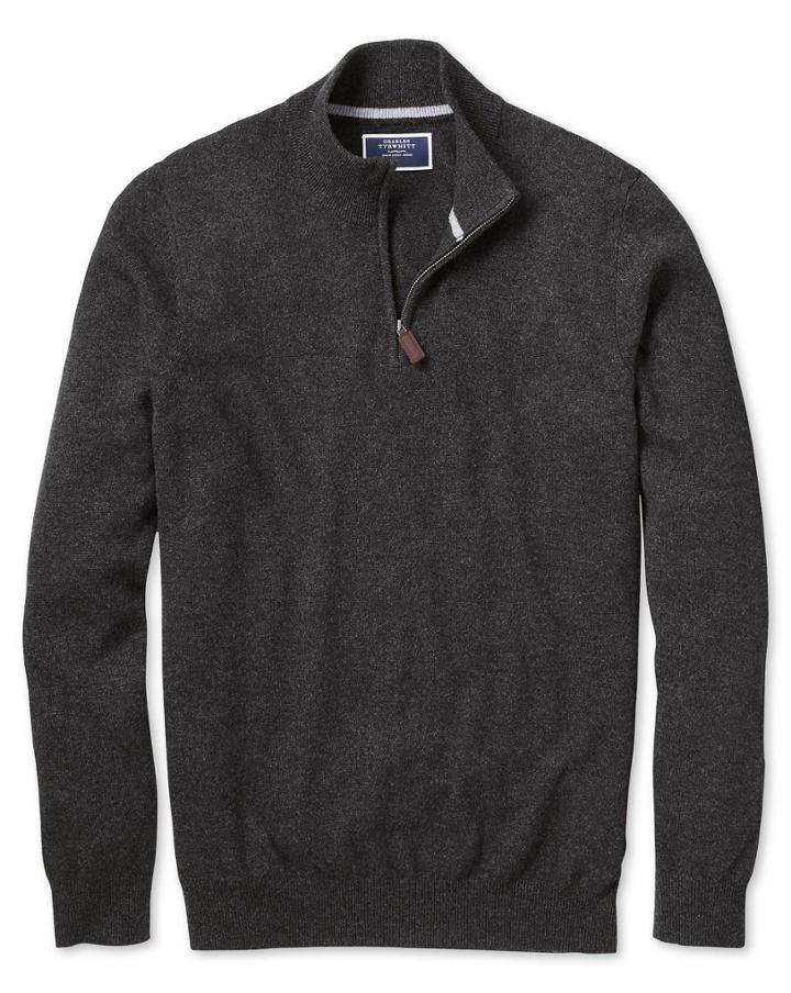  Charcoal Zip Neck Cashmere Sweater Size Large By Charles Tyrwhitt