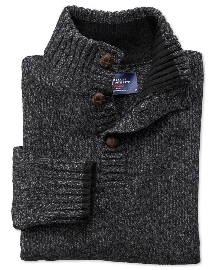Charles Tyrwhitt Charcoal Mouline Button Neck Wool Sweater Size Medium By Charles Tyrwhitt