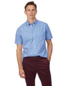  Classic Fit Sky Blue Short Sleeve Gingham Soft Washed Non-iron Stretch Poplin Cotton Casual Shirt Single Cuff Size Medium By Charles Tyrwhitt