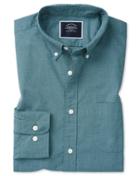  Extra Slim Fit Green Soft Washed Stretch Poplin Plain Cotton Casual Shirt Single Cuff Size Large By Charles Tyrwhitt