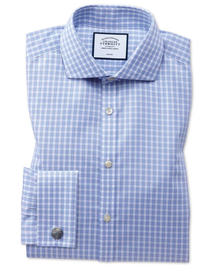  Extra Slim Fit Non-iron Twill Gingham Sky Blue Cotton Dress Shirt Single Cuff Size 14.5/32 By Charles Tyrwhitt