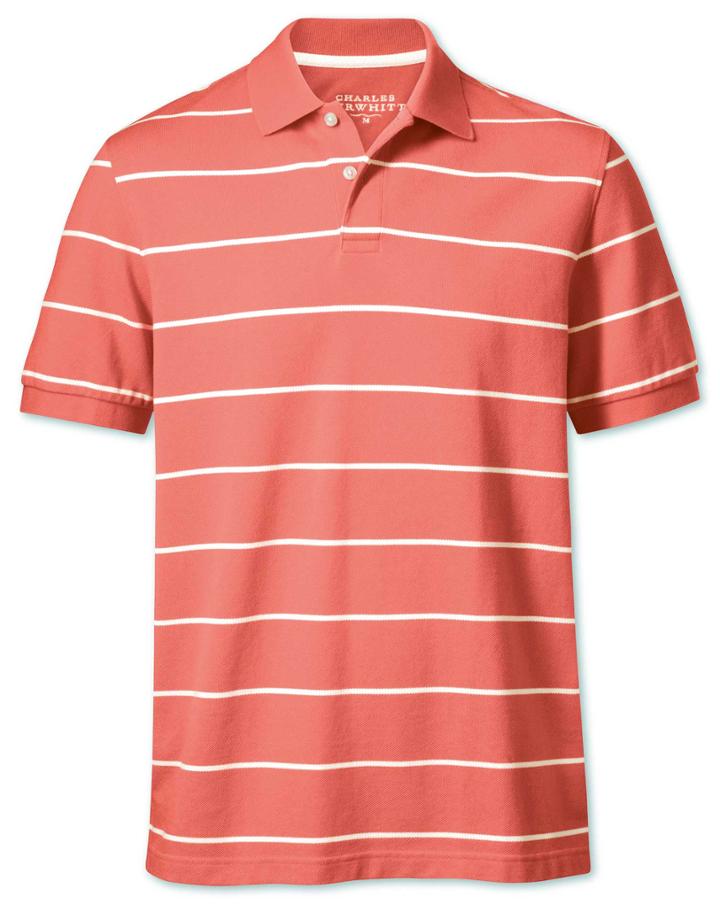 Charles Tyrwhitt Coral And White Stripe Pique Cotton Polo Size Large By Charles Tyrwhitt