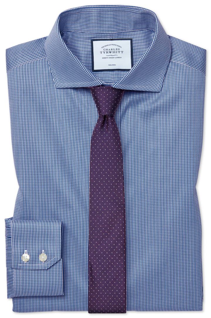  Extra Slim Fit Non-iron Cutaway Royal Blue Puppytooth Cotton Dress Shirt French Cuff Size 14.5/33 By Charles Tyrwhitt