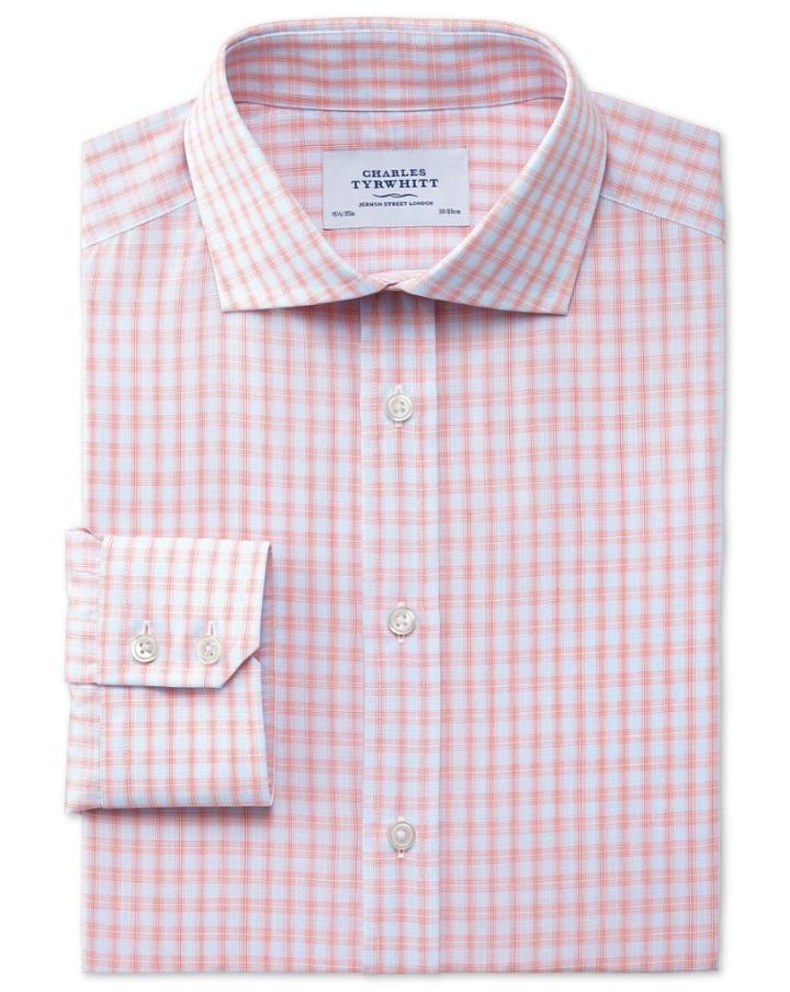 Charles Tyrwhitt Extra Slim Fit Spread Collar Egyptian Cotton Compact Check Orange Dress Casual Shirt Single Cuff Size 14.5/32 By Charles Tyrwhitt