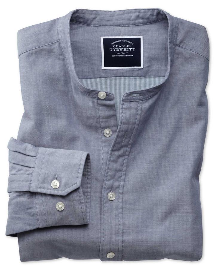 Charles Tyrwhitt Slim Fit Collarless Chambray Cotton Casual Shirt Single Cuff Size Medium By Charles Tyrwhitt