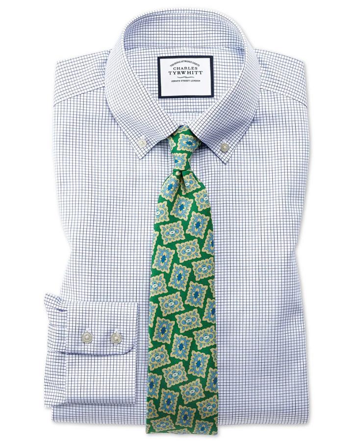 Charles Tyrwhitt Classic Fit Button-down Non-iron Twill Mini Grid Check Navy Cotton Dress Shirt Single Cuff Size 15/34 By Charles Tyrwhitt