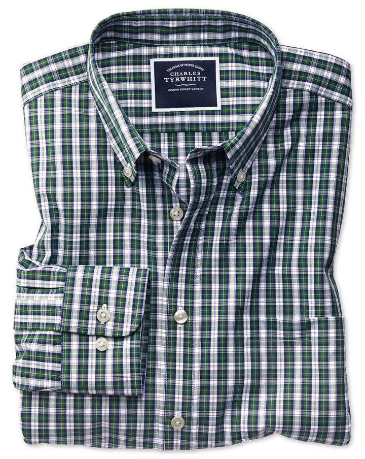  Classic Fit Non-iron Green And Navy Plaid Cotton Casual Shirt Single Cuff Size Large By Charles Tyrwhitt