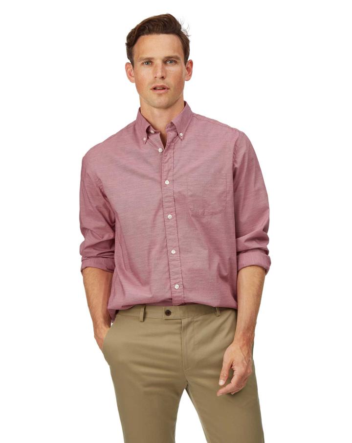  Classic Fit Red Soft Washed Stretch Poplin Plain Cotton Casual Shirt Single Cuff Size Small By Charles Tyrwhitt