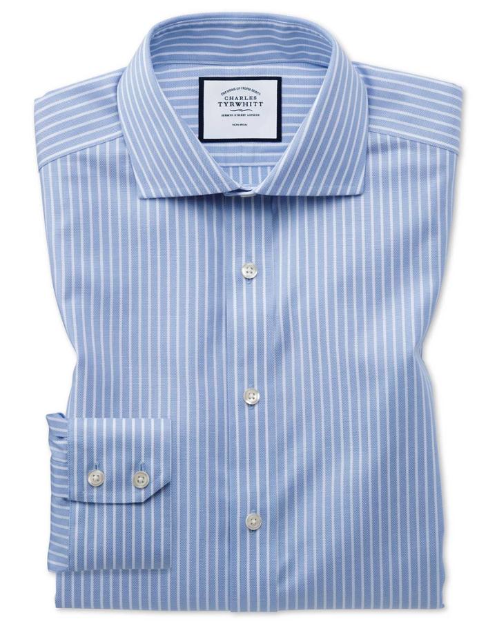  Slim Fit Non-iron Cotton Stretch Oxford Sky Blue And White Stripe Dress Shirt Single Cuff Size 14.5/32 By Charles Tyrwhitt