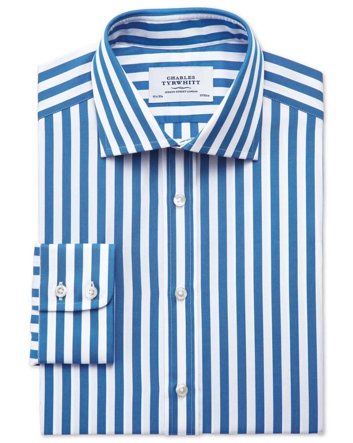 Charles Tyrwhitt Charles Tyrwhitt Slim Fit Semi-spread Collar Egyptian Cotton Stripe Royal Blue Dress Shirt Size 14.5/32