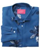 Charles Tyrwhitt Women's Semi-fitted Royal Blue Painted Flower Print Silk Blouse Size 2 By Charles Tyrwhitt