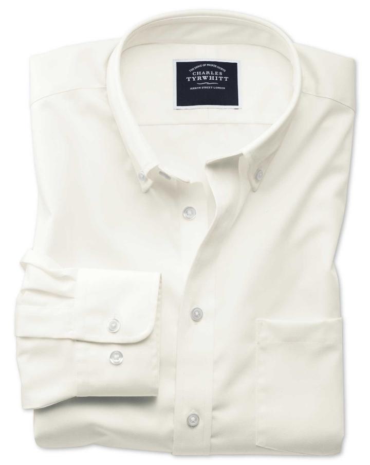  Classic Fit Non-iron Button Down Collar Off-white Twill Cotton Casual Shirt Single Cuff Size Large By Charles Tyrwhitt