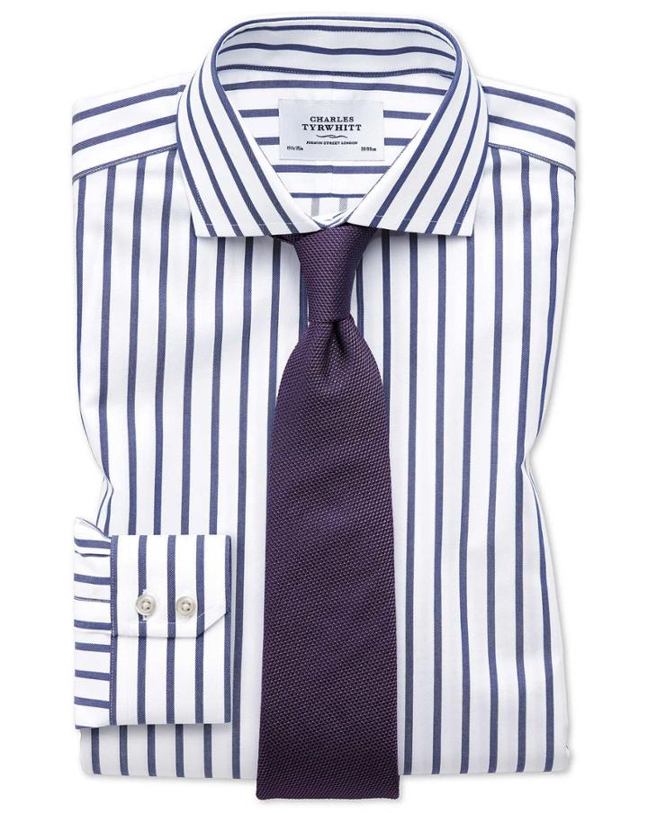 Charles Tyrwhitt Slim Fit Spread Collar Non-iron Bengal Wide Stripe White And Blue Cotton Dress Casual Shirt French Cuff Size 14.5/33 By Charles Tyrwhitt