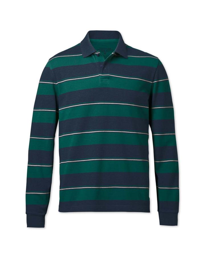 Charles Tyrwhitt Charles Tyrwhitt Classic Fit Navy And Green Striped Pique Long Sleeve Polo