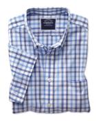  Classic Fit Non-iron Blue Large Check Short Sleeve Cotton Casual Shirt Single Cuff Size Small By Charles Tyrwhitt