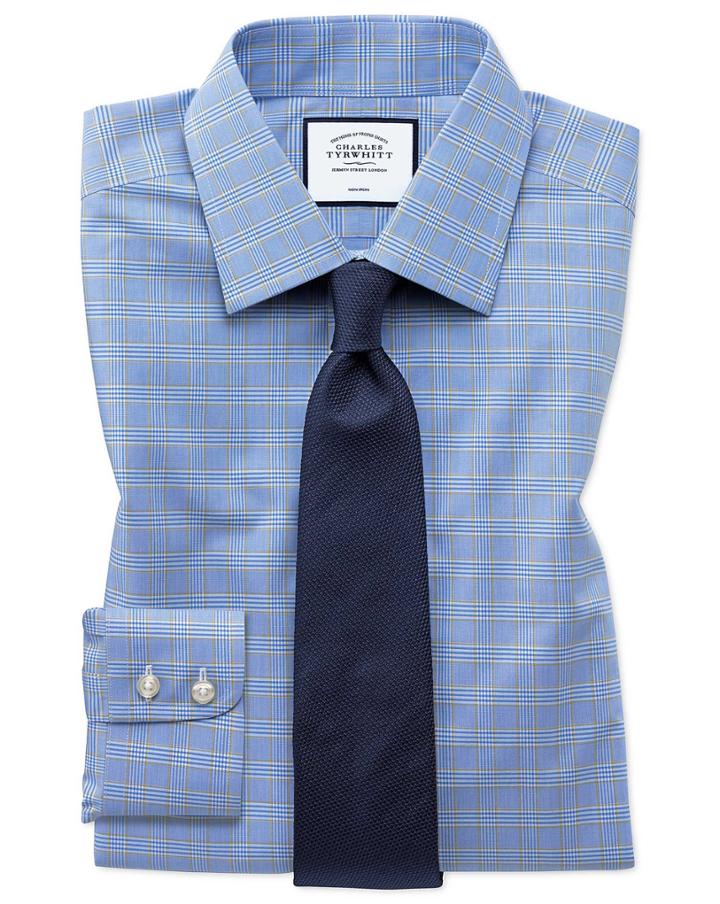  Slim Fit Non-iron Blue And Gold Prince Of Wales Check Cotton Dress Shirt Single Cuff Size 14.5/33 By Charles Tyrwhitt
