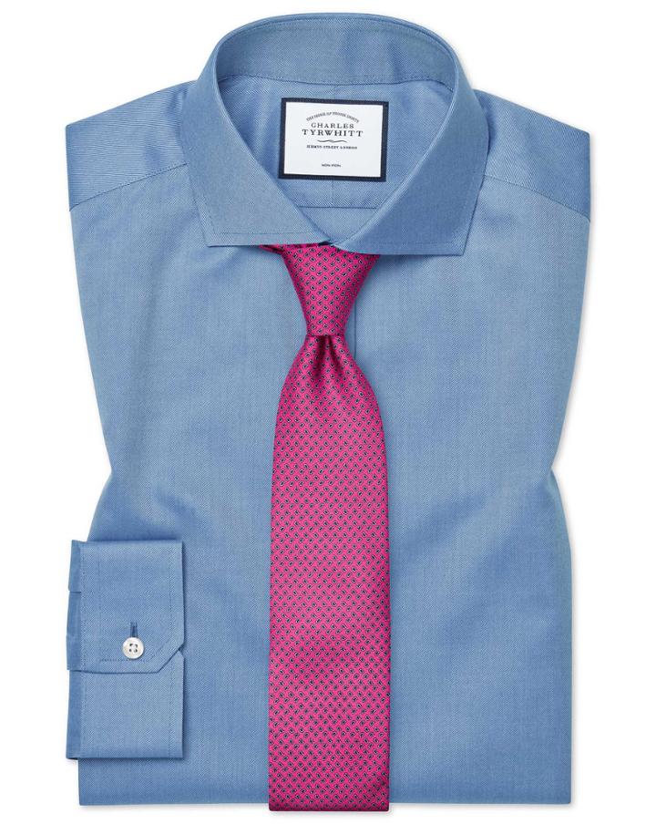  Super Slim Fit Cutaway Collar Non-iron Twill Blue Cotton Dress Shirt Single Cuff Size 14/33 By Charles Tyrwhitt