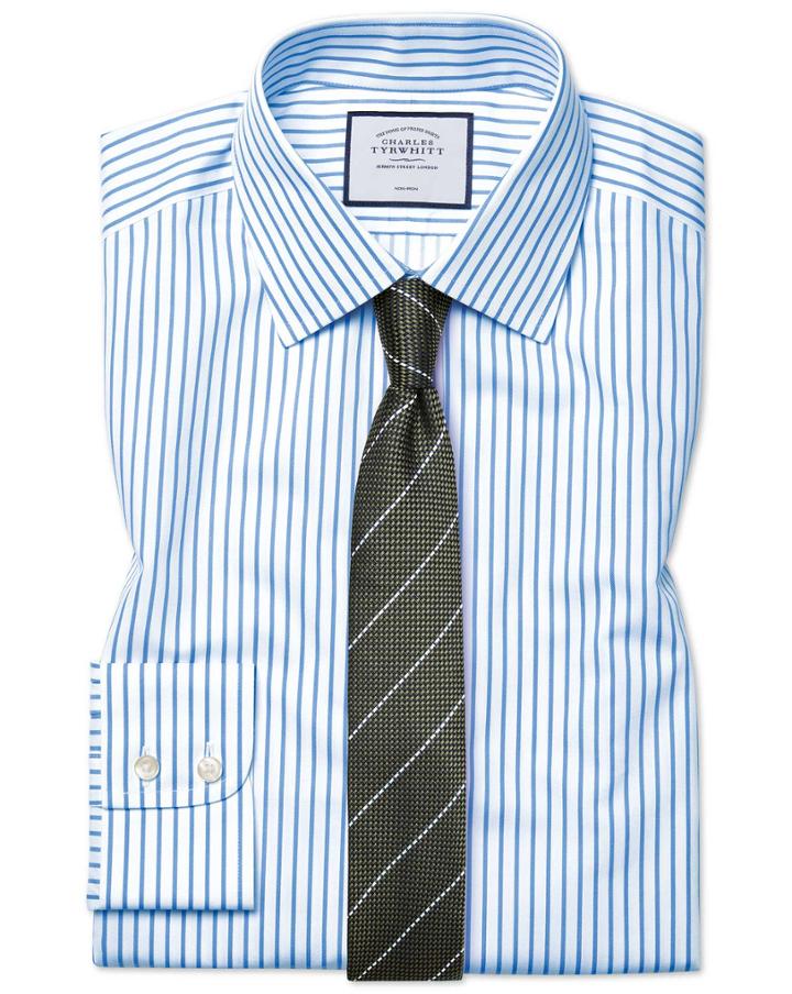  Extra Slim Fit Non-iron Sky Blue Stripe Twill Cotton Dress Shirt French Cuff Size 14.5/33 By Charles Tyrwhitt