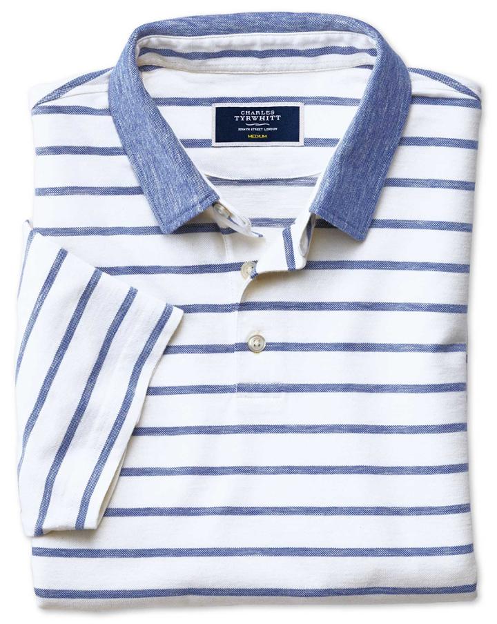  Navy And White Stripe Cotton Linen Polo Size Large By Charles Tyrwhitt