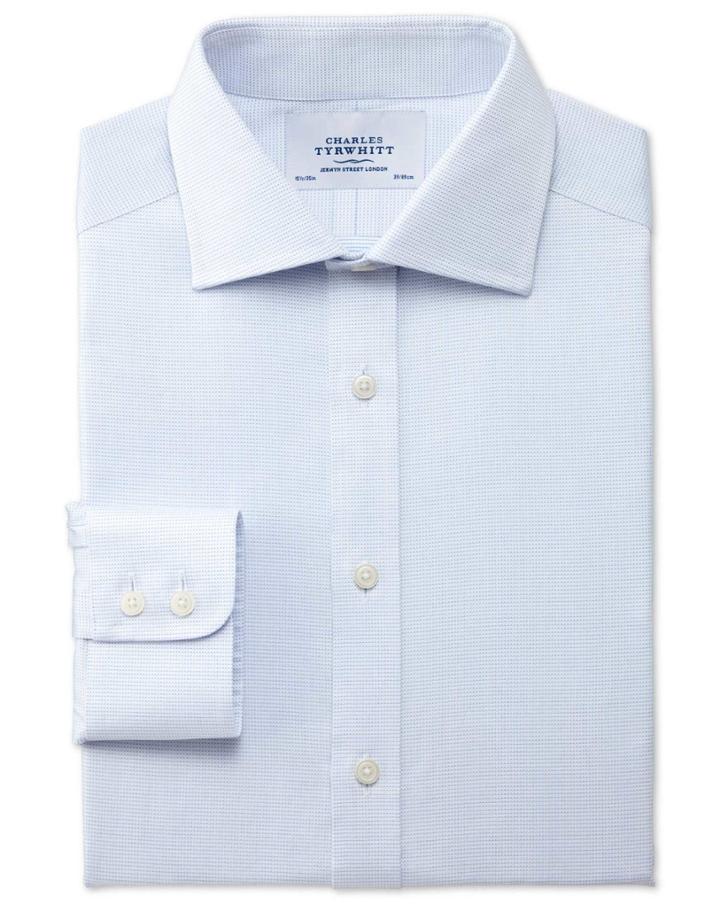 Charles Tyrwhitt Slim Fit Semi-spread Collar Pindot Sky Blue Cotton Dress Casual Shirt Single Cuff Size 17/35 By Charles Tyrwhitt