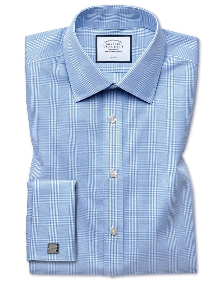  Slim Fit Non-iron Prince Of Wales Sky Blue Cotton Dress Shirt Single Cuff Size 14.5/32 By Charles Tyrwhitt