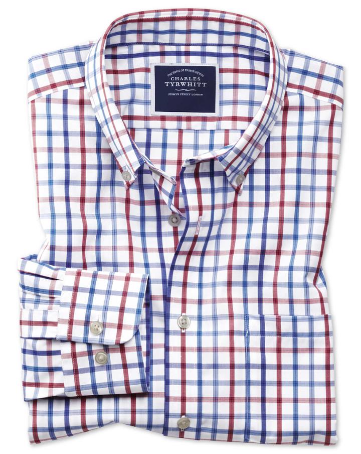  Slim Fit Button-down Non-iron Poplin Red Multi Check Cotton Casual Shirt Single Cuff Size Medium By Charles Tyrwhitt