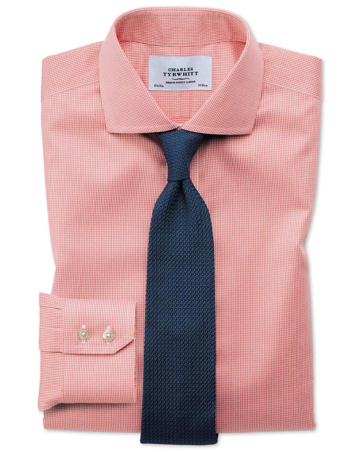 Charles Tyrwhitt Extra Slim Fit Spread Collar Non-iron Puppytooth Coral Cotton Dress Casual Shirt French Cuff Size 14.5/32 By Charles Tyrwhitt