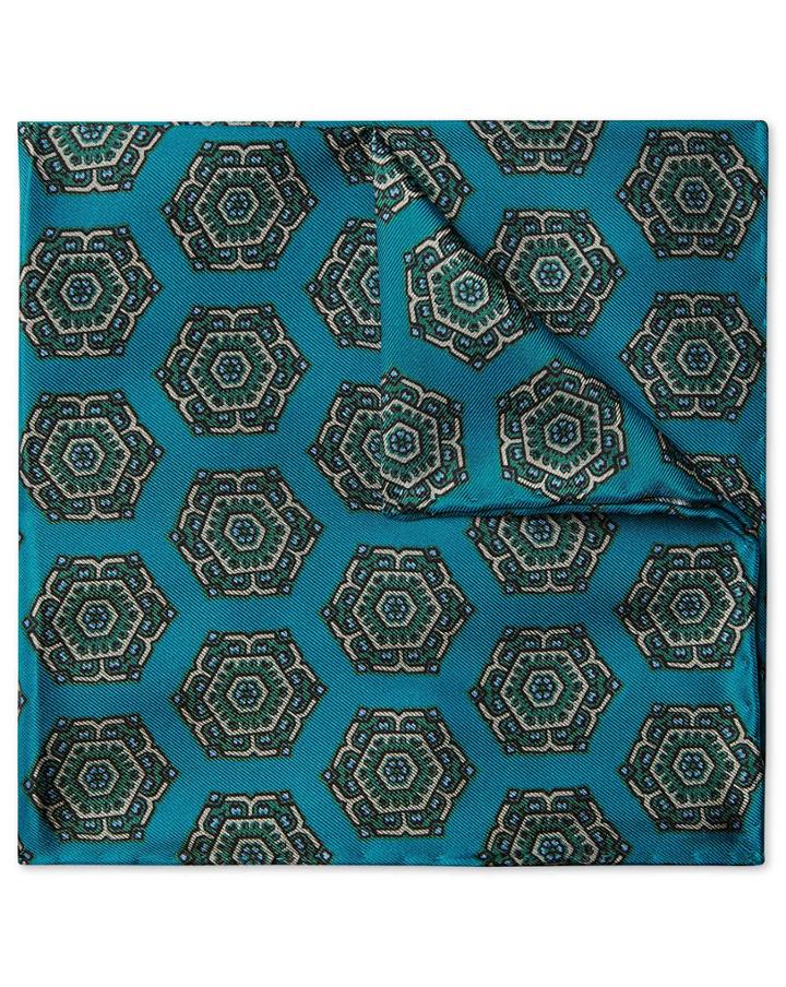  Teal Medallion Print Silk Pocket Square By Charles Tyrwhitt