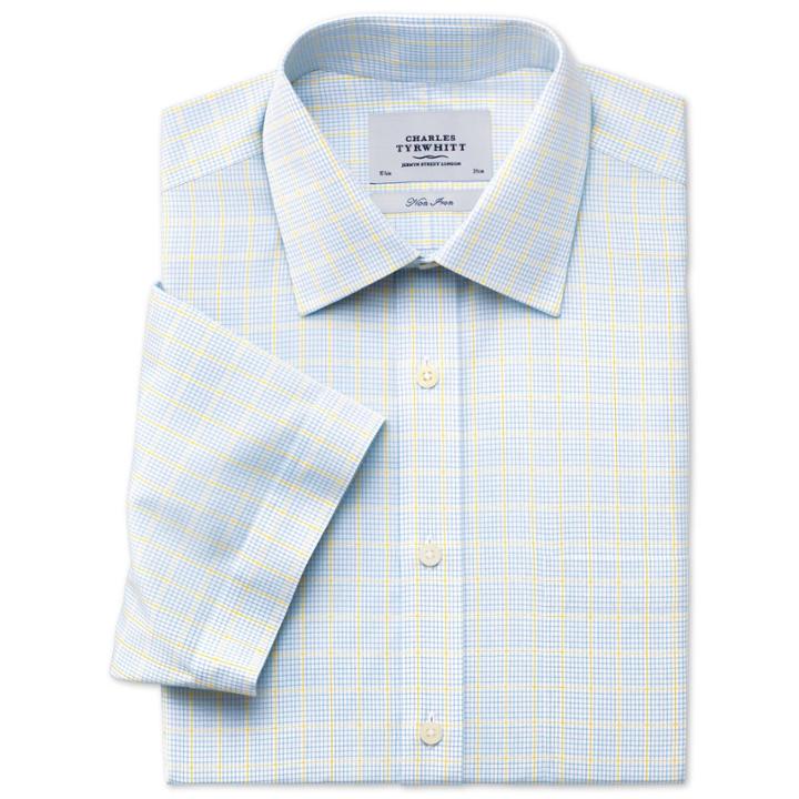 Charles Tyrwhitt Charles Tyrwhitt Sky Kensington Check Non-iron Short Sleeve Classic Fit Shirt (15)