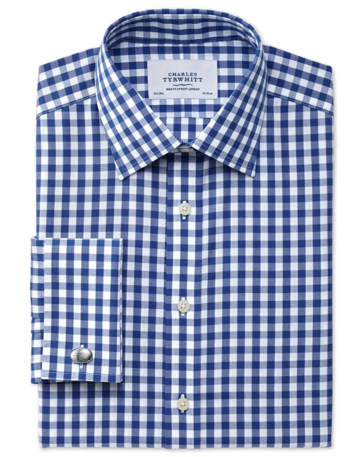Charles Tyrwhitt Charles Tyrwhitt Slim Fit Non-iron Gingham Navy Cotton Dress Shirt Size 17/34