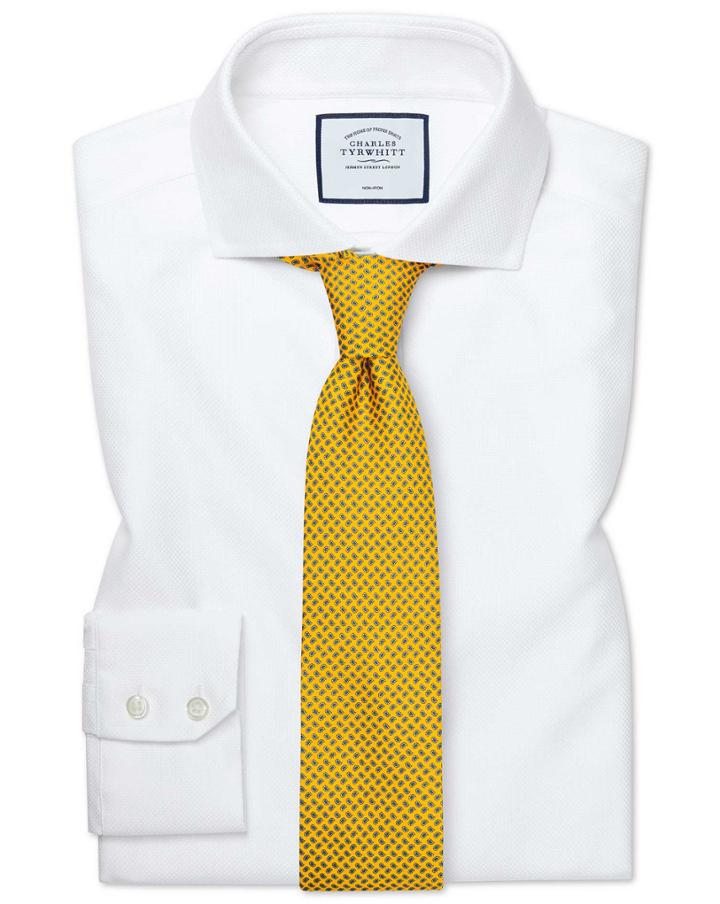  Slim Fit Cutaway Collar Non-iron Buckingham Weave White Cotton Dress Shirt Single Cuff Size 14.5/33 By Charles Tyrwhitt