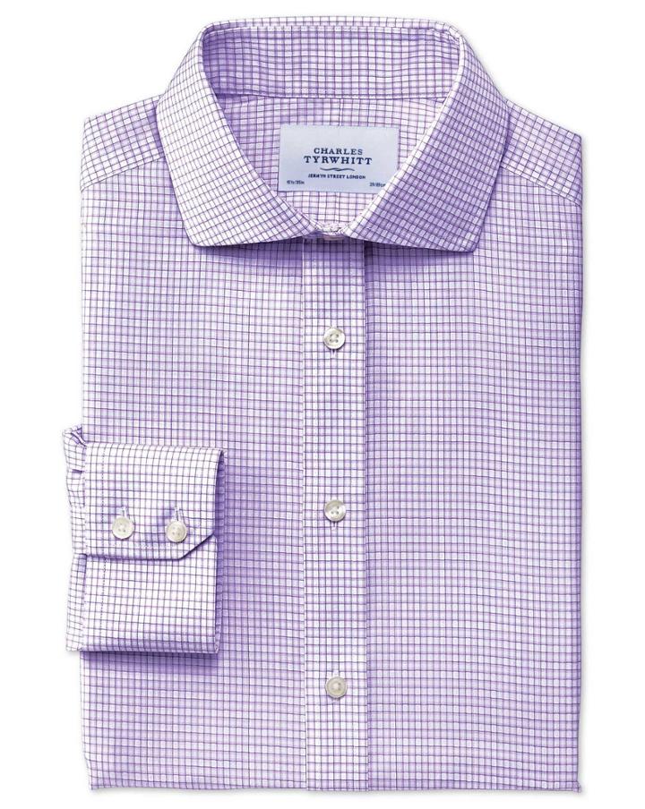 Charles Tyrwhitt Charles Tyrwhitt Slim Fit Spread Collar Non-iron Dobby Check Lilac Cotton Dress Shirt Size 15/35