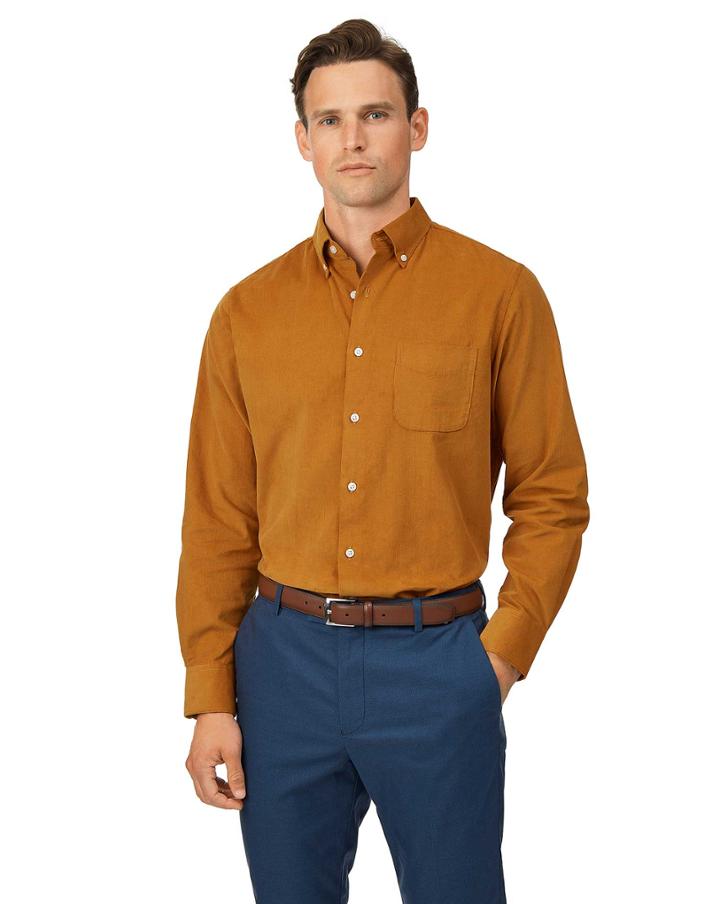  Slim Fit Dark Yellow Fine Button-down Corduroy Plain Cotton Casual Shirt Single Cuff Size Medium By Charles Tyrwhitt
