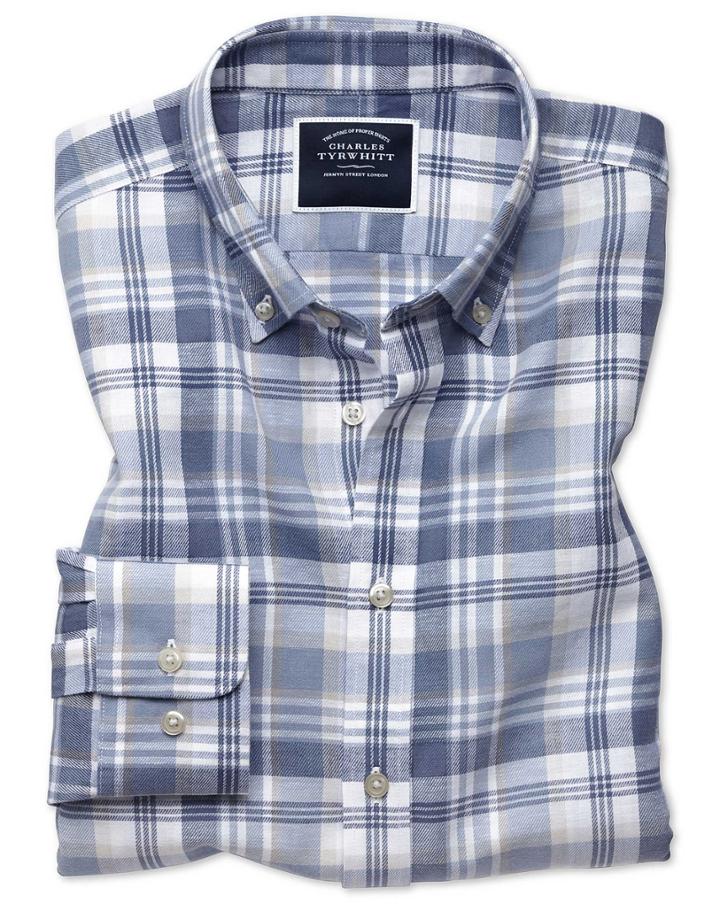  Classic Fit Blue And Grey Check Cotton Linen Twill Casual Shirt Single Cuff Size Large By Charles Tyrwhitt