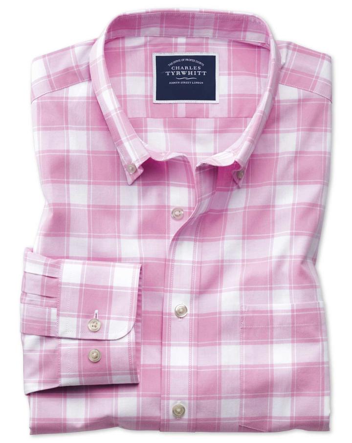 Charles Tyrwhitt Classic Fit Button-down Non-iron Poplin Pink And White Check Cotton Casual Shirt Single Cuff Size Large By Charles Tyrwhitt