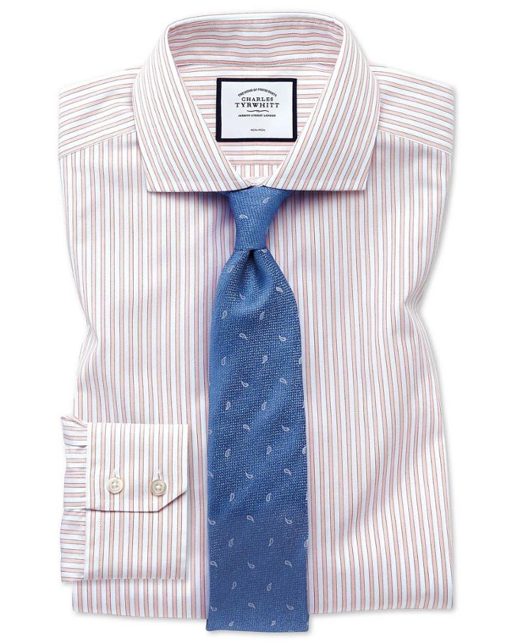  Extra Slim Fit Non-iron Shadow Stripe Pink Cotton Dress Shirt Single Cuff Size 14.5/32 By Charles Tyrwhitt
