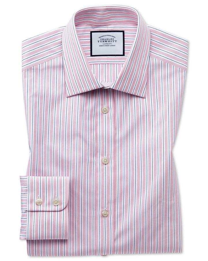  Classic Fit Egyptian Cotton Poplin Pink Stripe Dress Shirt Single Cuff Size 15.5/33 By Charles Tyrwhitt