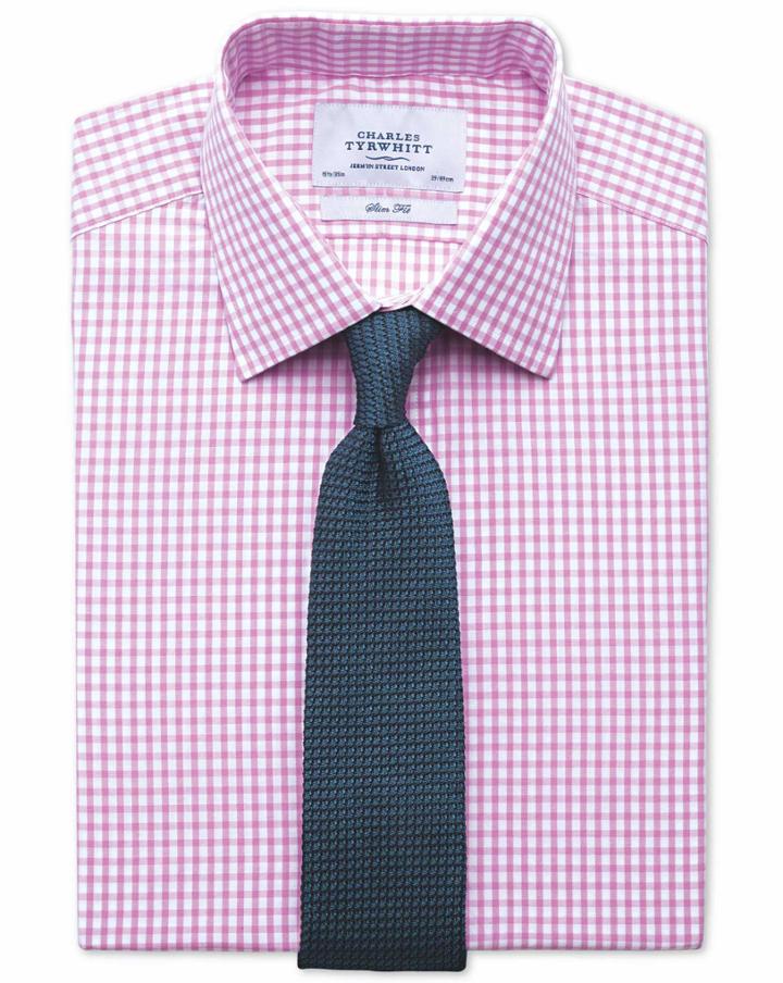 Charles Tyrwhitt Slim Fit Gingham Pink Cotton Dress Shirt French Cuff Size 15/35 By Charles Tyrwhitt