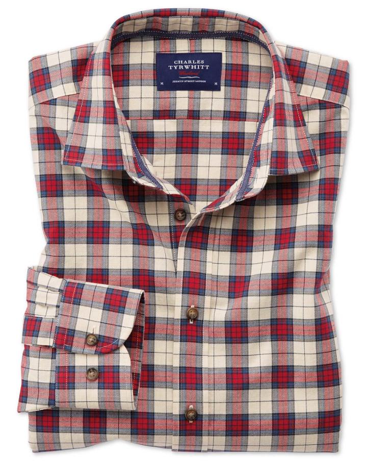 Charles Tyrwhitt Classic Fit Heather Tartan Red Check Cotton Casual Shirt Single Cuff Size Large By Charles Tyrwhitt