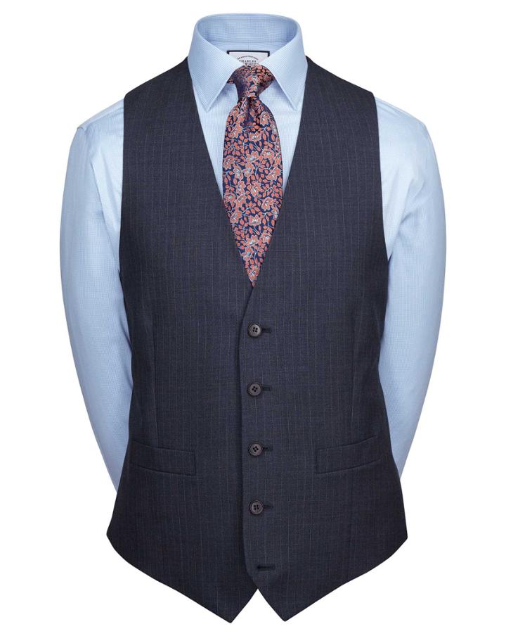  Blue Adjustable Fit Twist Business Suit Wool Vests Size W42 By Charles Tyrwhitt