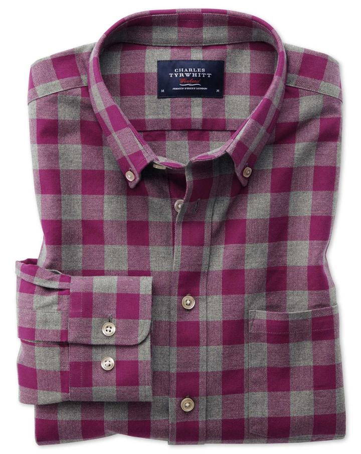 Charles Tyrwhitt Extra Slim Fit Button-down Washed Oxford Berry And Grey Check Cotton Casual Shirt Single Cuff Size Small By Charles Tyrwhitt