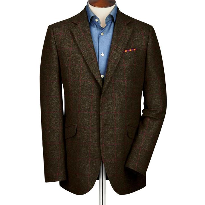Charles Tyrwhitt Charles Tyrwhitt Dark Olive Classic Fit Windowpane British Tweed Wool Jacket Size 42