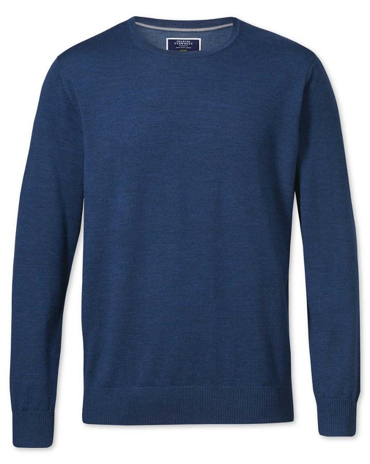  Mid Blue Merino Wool Crew Neck Sweater Size Xs By Charles Tyrwhitt