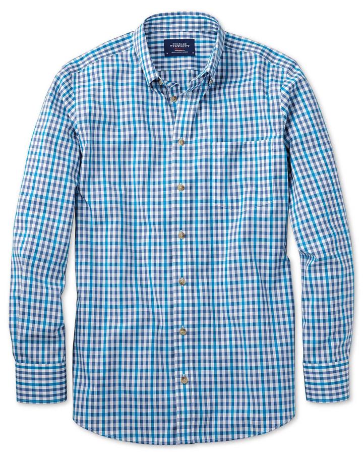 Charles Tyrwhitt Charles Tyrwhitt Classic Fit Non-iron Poplin Turquoise Check Cotton Dress Shirt Size Large
