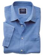 Charles Tyrwhitt Slim Fit Cotton Linen Short Sleeve Bright Blue Plain Casual Shirt Single Cuff Size Large By Charles Tyrwhitt