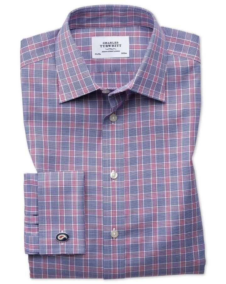 Charles Tyrwhitt Classic Fit Non-iron Prince Of Wales Berry And Navy Blue Cotton Dress Casual Shirt Single Cuff Size 15.5/33 By Charles Tyrwhitt