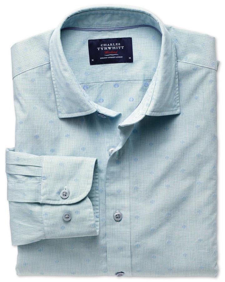 Charles Tyrwhitt Extra Slim Fit Green And Blue Poplin Dobby Spot Cotton Casual Shirt Single Cuff Size Large By Charles Tyrwhitt